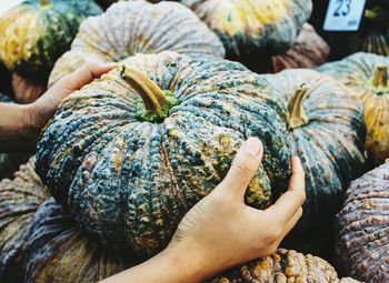 Cropped hands of woman holding squash at market