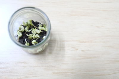 High angle view of salad in bowl on table