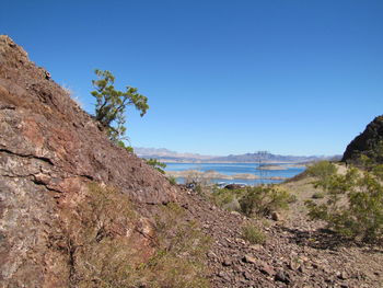 View of calm lake against clear sky