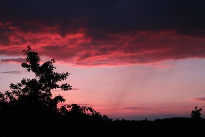 Silhouette trees on landscape against sky at sunset