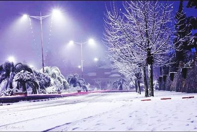 Snow covered road at night