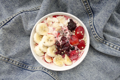 High angle view of breakfast in bowl on table
