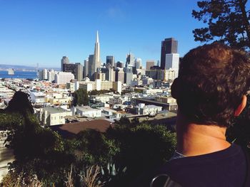 Cityscape against clear sky