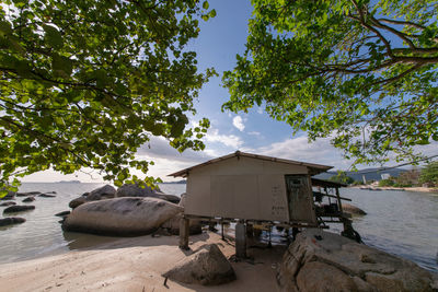 Built structure on beach against sky