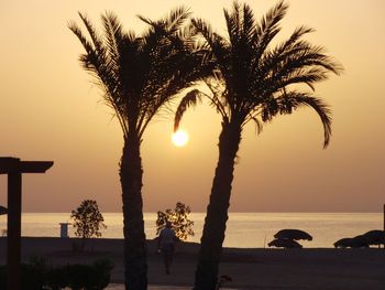 Silhouette palm trees at beach against sky during sunset