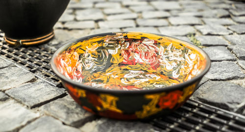 High angle view of fish in bowl on table