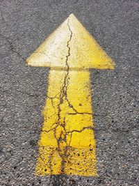 High angle view of yellow arrow symbol on road