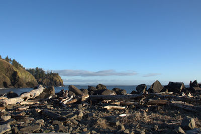 Panoramic view of beach against clear blue sky