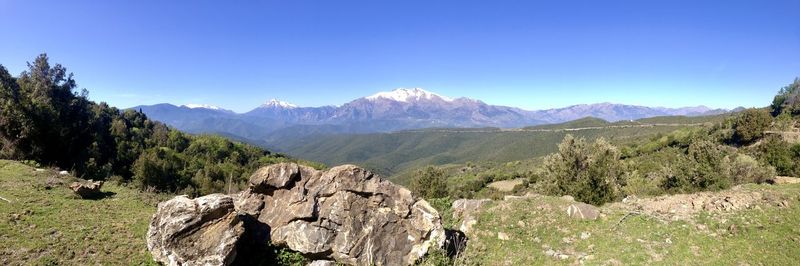 Scenic view of mountains against clear blue sky