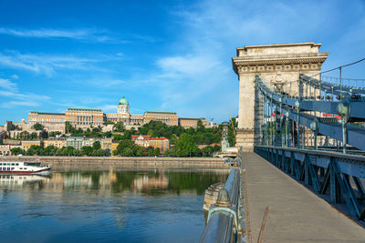 View of bridge over river against cloudy sky