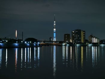 Reflection of illuminated buildings in calm water at night