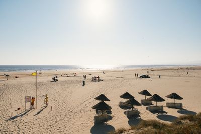 People on beach against clear sky