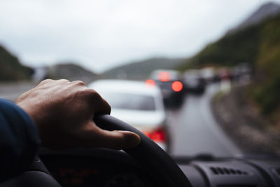 View from inside a motorhome in a traffic jam during a trip.