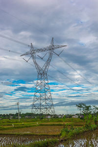 Electricity tower on field against sky