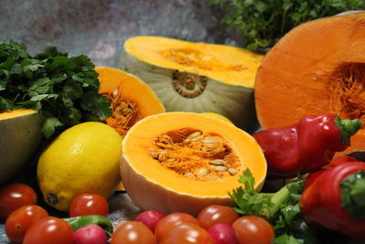 High angle view of fruits and vegetables