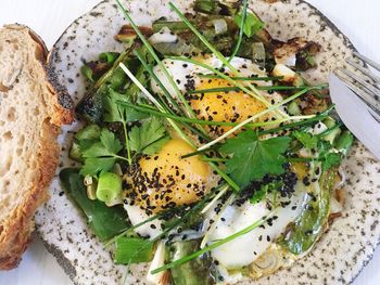 High angle view of breakfast served in plate