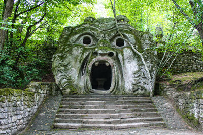 Low angle view of sculpture on staircase in forest