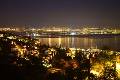 High angle view of illuminated city by river against sky