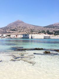 Scenic view of sea against clear blue sky