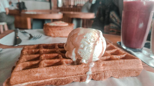 Close-up of ice cream on table