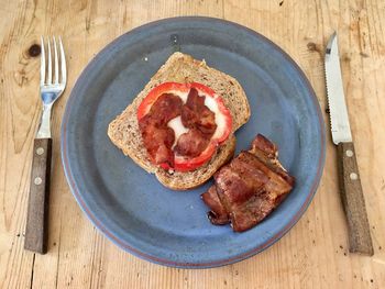 High angle view of breakfast served on table