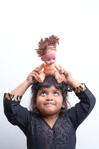 Portrait of happy girl over white background