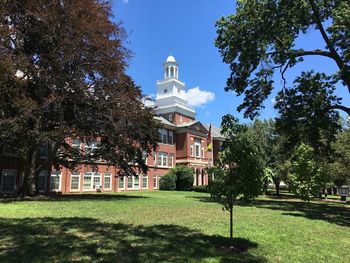 Trees growing on grassy field against government building