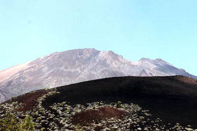 Scenic view of snowcapped mountains against clear blue sky