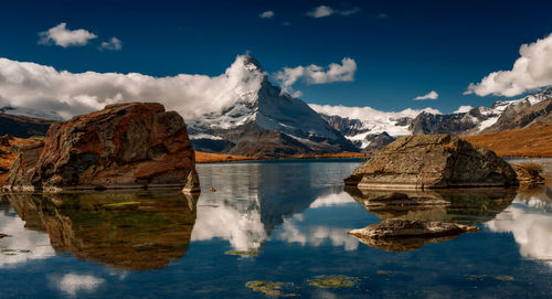 Panoramic view of lake and snowcapped mountains against sky