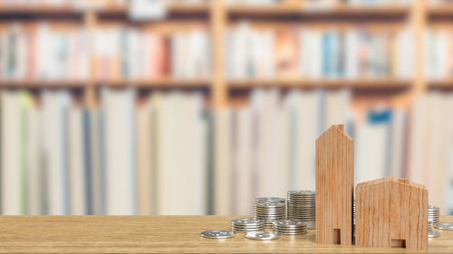 Close-up of books on wooden table