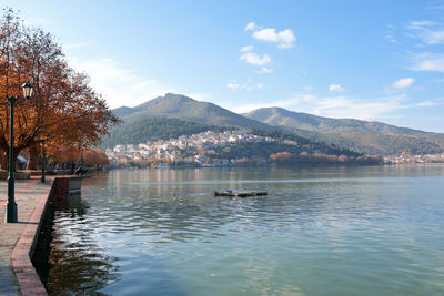 Kalithea , a district of kastoria , view of  the north lakeside of the lake kastoria in greece