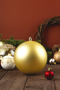 Close-up of christmas decorations on table