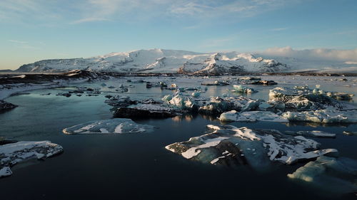 Aerial view of jokulsarlon glacier lagoon - iceland's crown jewel. 