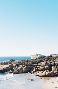 Scenic view of sea against clear blue sky