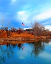 Scenic view of lake against cloudy sky