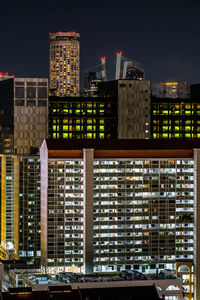 Illuminated buildings in city at night