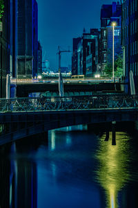 Bridge over river against illuminated buildings in city at dusk