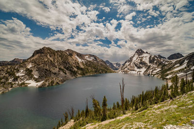 Scenic view of lake and mountains against sky