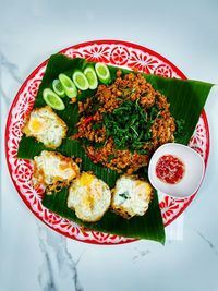 High angle view of food in plate on table