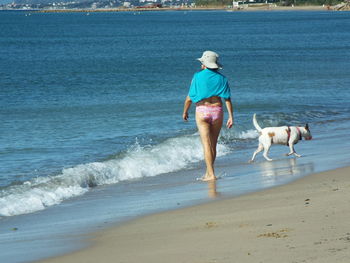 Full length rear view of woman with dog at beach