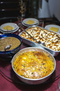 High angle view of food served on table