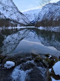 Scenic view of lake by snowcapped mountains against sky