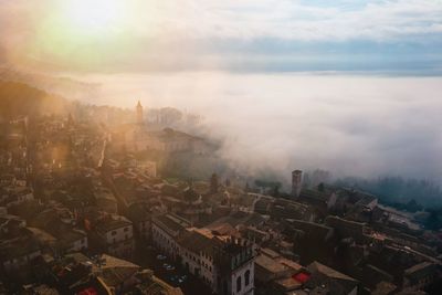 High angle shot of townscape against sky