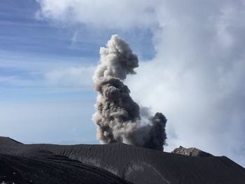 Smoke emitting from volcanic mountain against sky