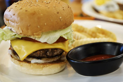 Close-up of burger on table