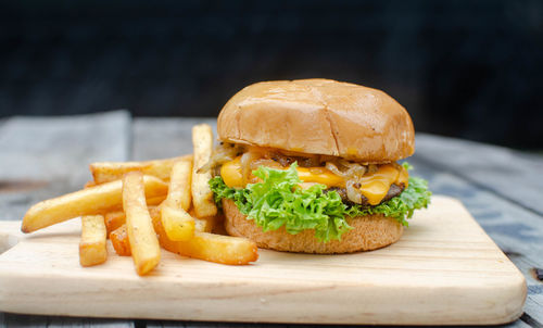 Close-up of burger on cutting board