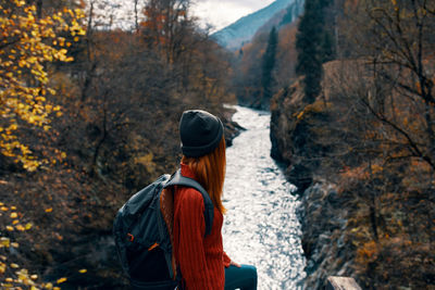 Rear view of man looking at forest