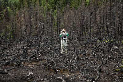 Man photographs burned dead trees, kenai peninsula, alaska