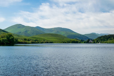 Scenic view of lake by mountains against sky