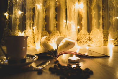 Close-up of illuminated candles on table